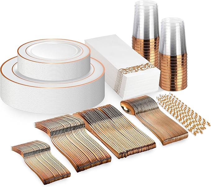 Neatiffy 225 Pcs Rose Gold Rim Plastic Dinnerware Set (25 Guests) | 25 x (Dinner Plate, Dessert Plate, Plastic Silverware, Cup, Napkin, Straw) | For Wedding, Luxurious Party, Special Event