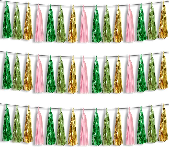 3P Sage-Green Pink-Gold Foil Fringe Metallic Tassel Garland, Tassels Banner Streamers for Parade Floats, Bachelorette, Wedding, Birthday, Halloween, Christmas, Bridal/Baby Shower Party Decorations