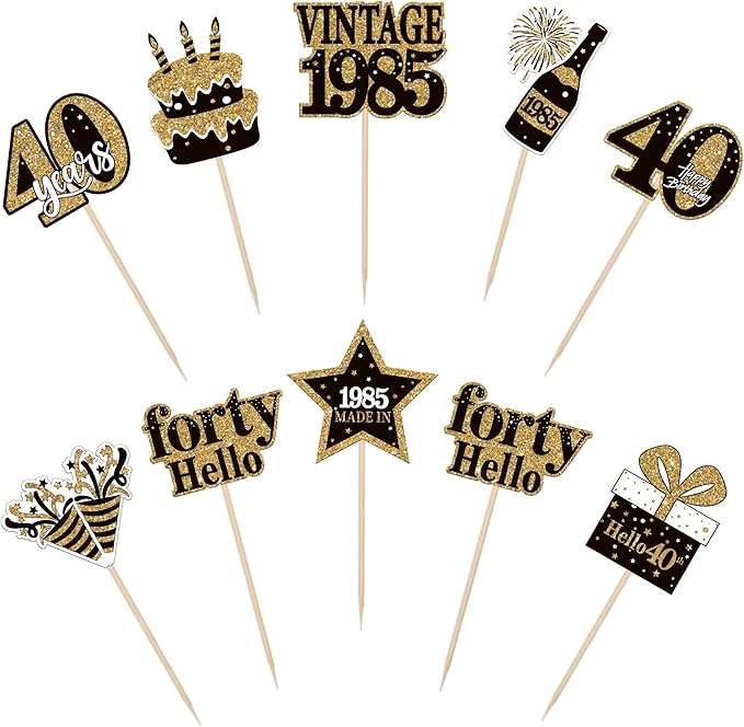 36PCS Happy 40th Birthday Cupcake Toppers Double Sided Black Gold Forty Hello 40 Vintage 1985 Cupcake Picks Cheers to 40 Years 40 Fabulous Cake Decorations for 40th Birthday Party Supplies
