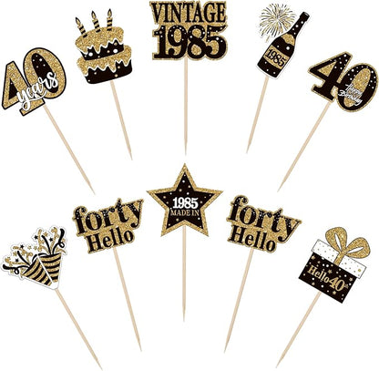 36PCS Happy 40th Birthday Cupcake Toppers Double Sided Black Gold Forty Hello 40 Vintage 1985 Cupcake Picks Cheers to 40 Years 40 Fabulous Cake Decorations for 40th Birthday Party Supplies