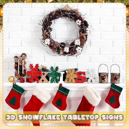 Bucherry 12 Pcs Wooden Snowflake Table Decor 3D Snowflake Tabletop Signs and Centerpiece for Christmas Xmas Winter Wonderland Decorations Home Party (White, Gold, Red,Green)