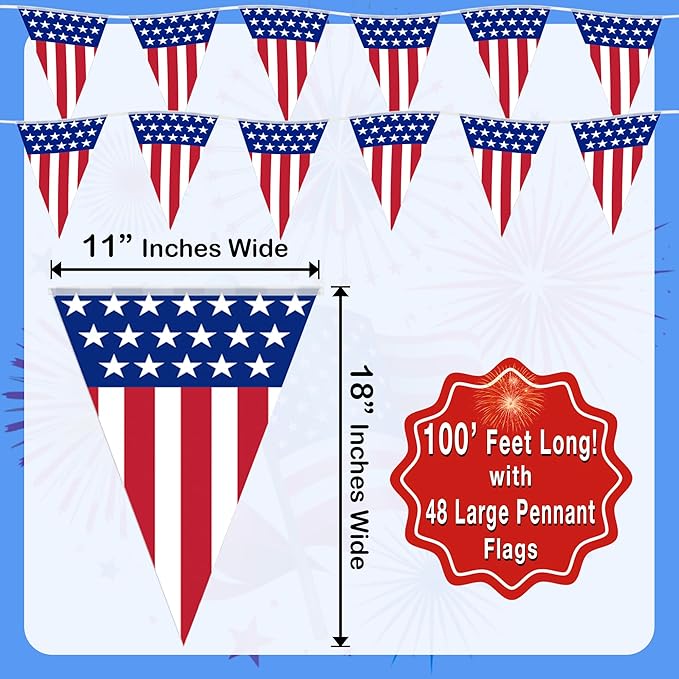 USA Flag Pennant Banner | 100’ FT. Long American String Flags | 18” Inch Tall Triangle Flag Decorations USA Party | Stars and Stripes Bunting Garland | 4th of July Patriotic Decoration | BASHOUT