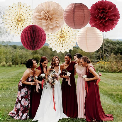 Brown Burgundy Champagne Boho Party-Decorations - 14pcs Rustic Wedding Paper Lanterns Fan,Tissue Pom Poms Streamers,Honeycomb,Fall Autumn Birthday Baby Bridal Shower Engagement Decor Lasting Surprise