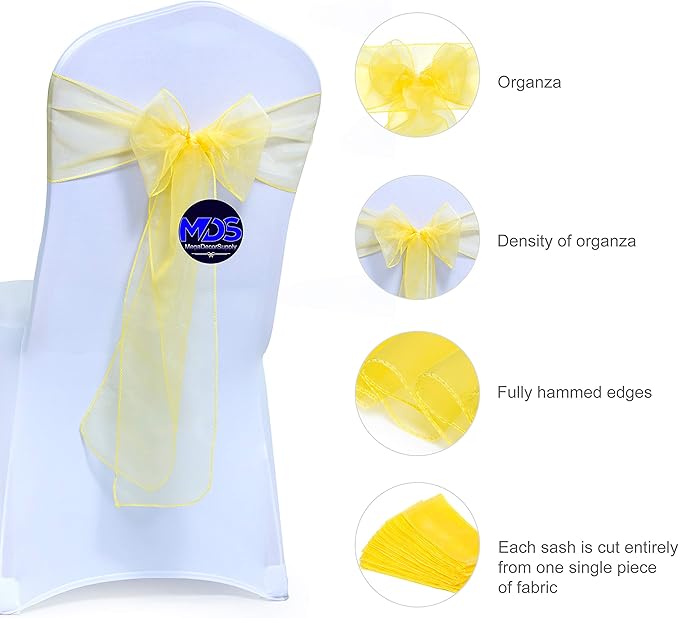 MDS Pack of 250 PCS Organza Chair Sashes Wider Dining Chair Bows Ribbon Tie Back for Wedding Party Birthday Bridal Shower Reception Event Banquet Home Chair Cover Decoration - Yellow