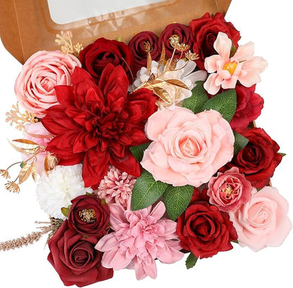Artificial Flowers Combo, Mix Silk Flowers Roses, Peonies, Dahlias with Stems for DIY Wedding Bridal Bouquets, Baby Shower, Table Centerpieces, Home Decor, Fake Floral Arrangements-Red&Pink