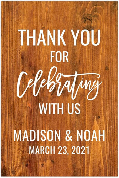 Andaz Press Personalized Extra Large Wedding Easel Board Party Sign, 12x18-inch, Rustic Barn Wood, Thank You for Celebrating With Us Bride Groom Name Date, 1-Pack, Custom