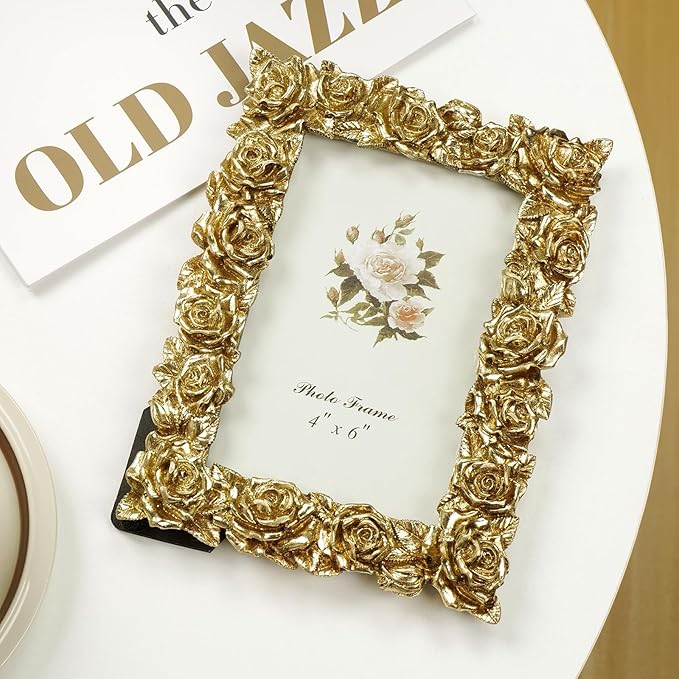 Cuspin Vintage Gold 4x6 Picture Frame, Gold Ornate Rose Flower Resin Photo Frame with Glass Front for Tabletop or Wall Hanging, Antique Picture Frames for Home Office Decor