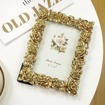 Cuspin Vintage Gold 4x6 Picture Frame, Gold Ornate Rose Flower Resin Photo Frame with Glass Front for Tabletop or Wall Hanging, Antique Picture Frames for Home Office Decor