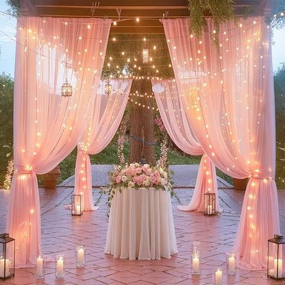 10ft x 7ft Baby Pink Chiffon Backdrop Curtain with Lights String for Parites Wedding Wrinkle Free Curtain Photo Backdrops Drapes for Baby Shower Birthday Party Home Decorations