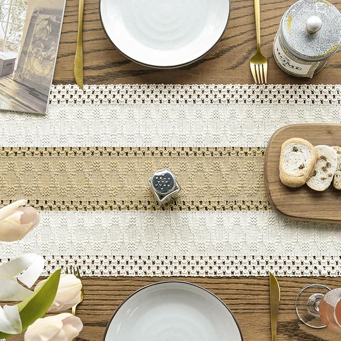 Artoid Mode Burlap Brown Farmhouse Rustic Table Runner, Seasonal Holiday Hollow Kitchen Dining Table Decoration for Home Party Decor 12x108 Inch