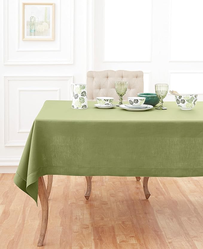 Solino Home Linen Moss Green Tablecloth 60 x 108 Inch - Classic Hemstitch, 100% Pure Linen Rectangular Tablecloth - Machine Washable Table Cloth for Fall, Autumn, Thanksgiving