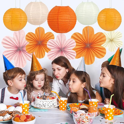 18Pcs Fall Pink and Orange Party Decorations, Hanging Paper Lanterns Flowers Fans for Girls Women Wall Baby Shower One Sweet Peach Thanksgiving Bachelorette Sunset Birthday Fall Party Decorations