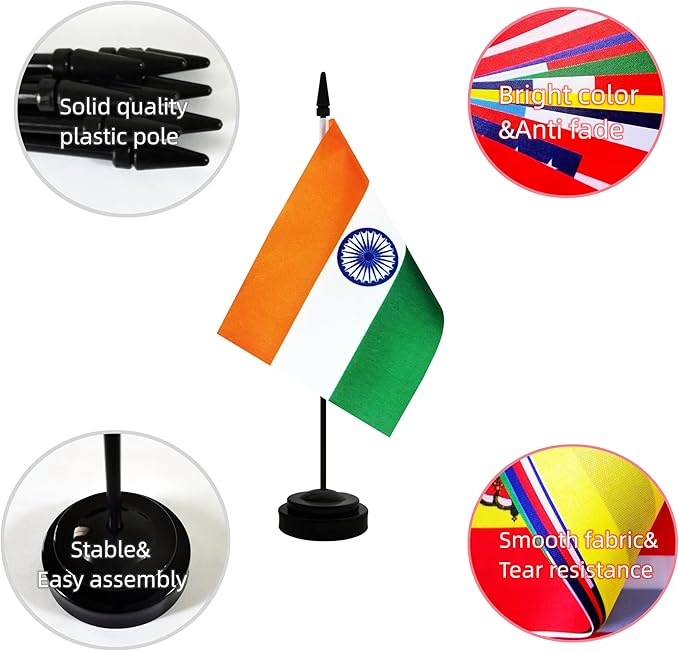 2 Pack India Desk Flag, Indian Table Office Flag with Solid Pole and Stand Base, International Country Flag, Festival Celebration, Classroom Meeting Desktop Decoration (India)