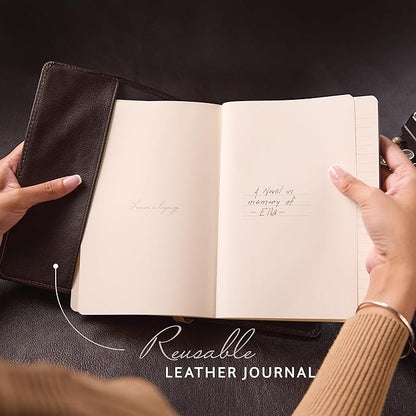 Luxury Leather Refillable Journal/Writing Notebook for Men & Women, Reusable Full-grain Leather Cover, 120gsm Thick Paper, Blank, Dotted, Lined Refills