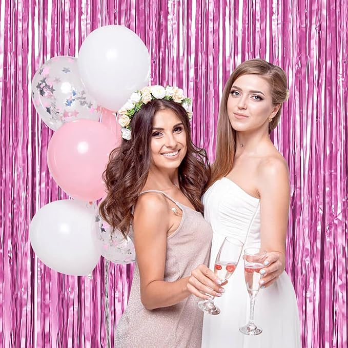 BTSD-home 10 Pack Pink Foil Fringe Curtain, Metallic Photo Booth Backdrop Tinsel Door Curtains for Wedding Birthday Bridal Shower Baby Shower Bachelorette Christmas Party Decorations(8ft x 3ft)