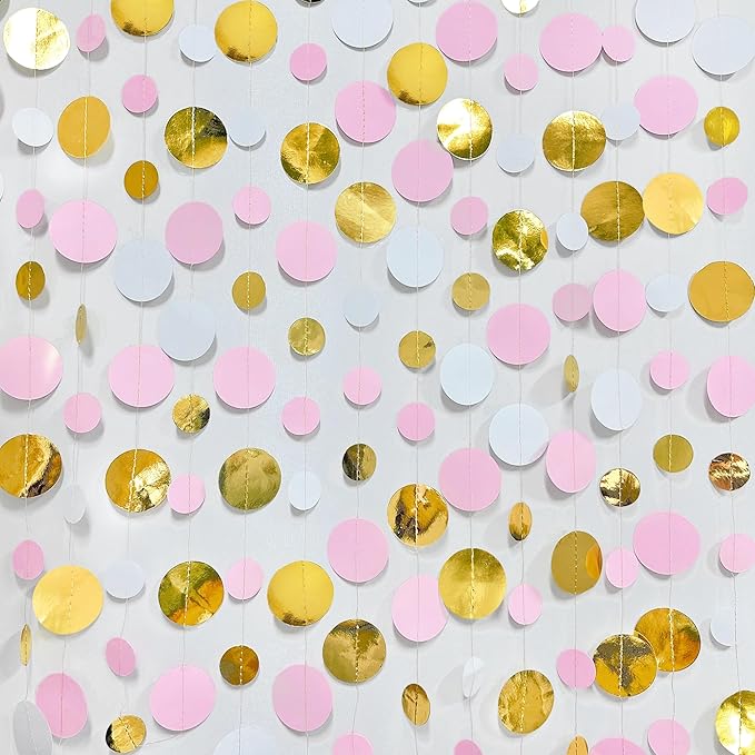 Gold and Pink Party Decorations Circle Dots Garland Metallic Gold Light Pink and White Hanging Polka Dot Streamer for Women Girl Birthday Baby Shower Bridal Shower Wedding Princess Party Supplies