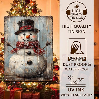 Vintage Christmas Metal Tin Sign Snowman Retro Wall Decor Christmas Tin Sign for Winter Outdoor 12x16Inch