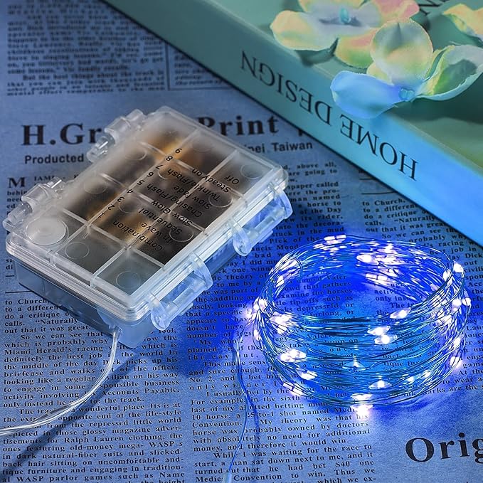 2 Pack 16.4 Ft. Battery Operated Outdoor String Lights with Remote & Timer, LED Blue Fairy Lights, Waterproof Twinkle Lights for Bedroom, Dorm, Mason Jar, Wedding, Party, Christmas