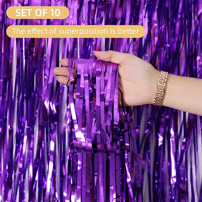 10 Pack Purple Foil Curtain Backdrop 3.2ft x 9.8ft Black Metallic Tinsel Foil Fringe Curtains Streamer Photo Booth Backdrop for Birthday Party Engagement Bachelorette Party Decorations (Purple)