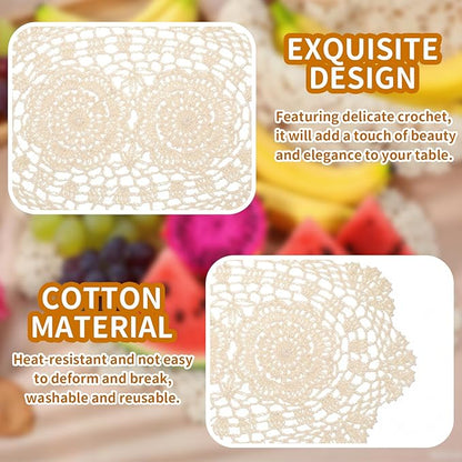 2-Pack Vintage Lace Placemats - 10x14 Inch French Crochet Lace Doilies, Handmade Embroidered Oval Table Mats for Dining, Tea Party, Wedding Decor, Furniture and Home Decoration (Beige)