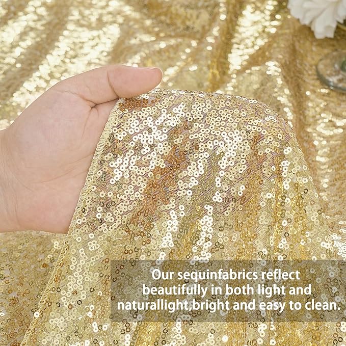 QueenDream Light Gold Sequin Decorative Party Tablecloth: Large Shimmer Dessert Table Overlay 90x132 Inch Dinner Table Drapes Cocktail Xmas Decor