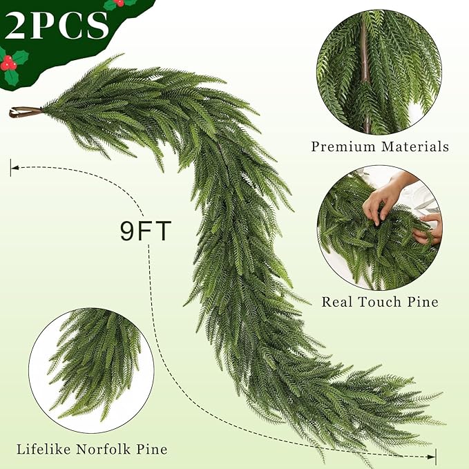 9FT Christmas Norfolk Pine Garland -2PCS, Artificial Pine Needles Garlands Faux Greenery Fake Garland for Holiday Fireplace,Table,Window,Stairs,Mante,Indoor Outdoor Decor