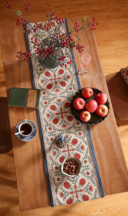 patdrea Designer Vintage Bright Farmhouse Linen Table Runner 71 Inch Long, Maroon Floral Pattern Table Mat, Decoration for Kitchen Dining Table Coffee Table Cabinet Banquet Christmas ,12"*71"