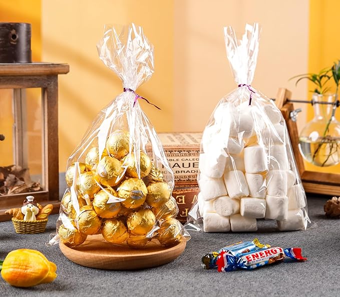 NPLUX 100 Pack Cellophane Bags Small Plastic Cookie Bag Clear Treat Bags with Twist Ties for Small Gift Party Favors, Bakery, Candy, Popcorn (6×10In)