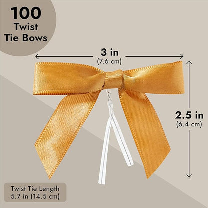 Juvale Satin Twist Tie Bows - Gold Twist Tie Bow Accents - Mini Ribbons for Crafts & Treat Bag Decor - 100 Pack, 3 x 2.5 in, 5.7 in Bands