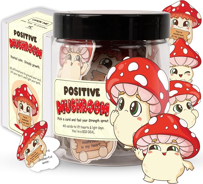 Mushroom Gifts for Women - 60 Positive Mushroom Cards Jar, Daily Affirmation Cards For Womens, Girls - Emotional Support Mushroom - Birthday Gift for Women, Coworkers, Besties - Teen Girl Gifts Trendy