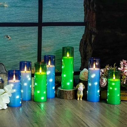 Flameless LED Candles with Timer 9 Pc Flickering Flameless Candles for Romantic Ambiance and Home Decoration Stable Acrylic Shell,with Embedded Star String，Battery Operated Candles（Blue）