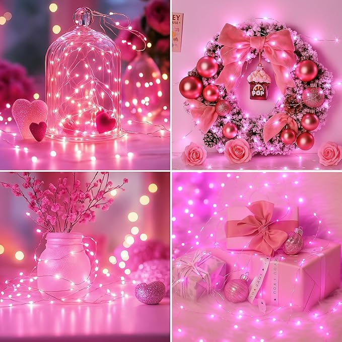 12 Pack Fairy Lights Battery Operated - 7ft 20 Led Twinkle Lights 3 Modes, Bulk Mini String Lights Waterproof for Mason Jars Vases DIY Party Wedding Decoration Christmas - Pink