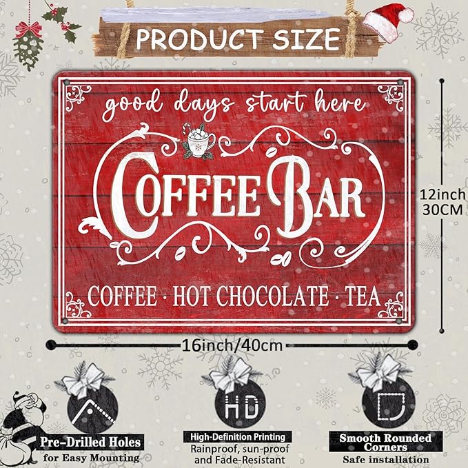 Vintage Christmas Coffee Bar Tin Sign - Kitchen Decor - Tea Bar Accessories - Hot Chocolate - Retro Tin Sign - Home Coffee Corner Decor - 12x16Inch