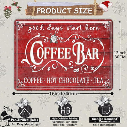 Vintage Christmas Coffee Bar Tin Sign - Kitchen Decor - Tea Bar Accessories - Hot Chocolate - Retro Tin Sign - Home Coffee Corner Decor - 12x16Inch