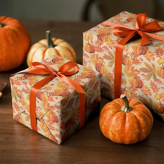 RUSPEPA Fall Wrapping Paper Roll, Mini Roll, Watercolor Pumpkin, Autumn Leaf and Mushroom Design, Autumn Kraft Gift Wrap Paper for Thanksgiving, Fall Party, Harvest, 17 Inches x 16.4 Feet