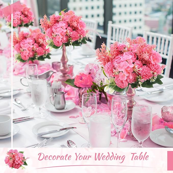 Zeyune 8 Pcs Wedding Silk Flowers Fake Silk Flowers Faux Bouquet Hydrangea Bouquets for Wedding Birthday Party Table Centerpieces Home Decoration(Rose Red,Peony)