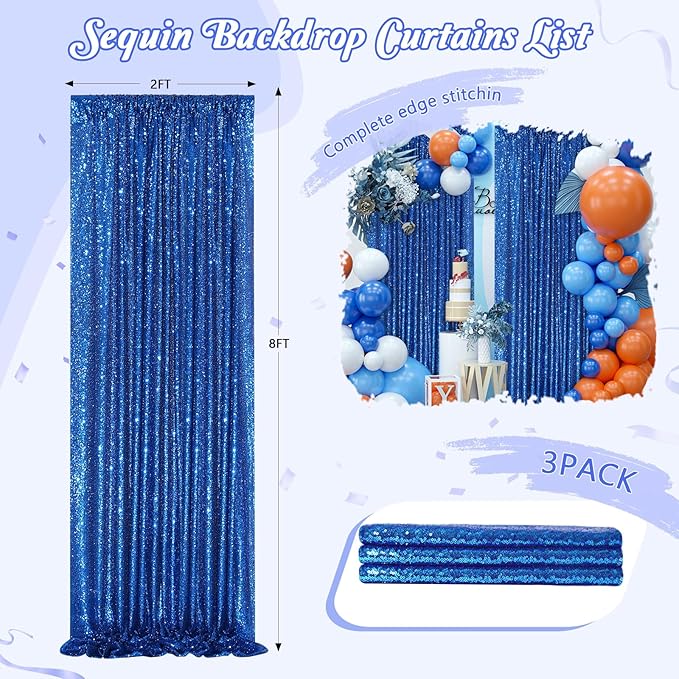 Glitter Backdrop Curtains Royal Blue Sequin Background 3 Packs 2FT x 8FT Sequin Fabric Baby Shower Birthday Party Decorations