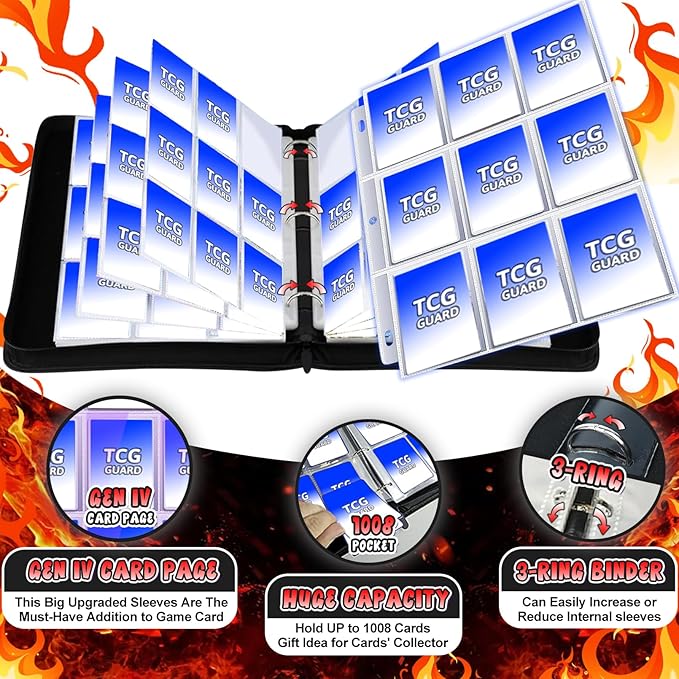 1008 Card Binder 9 Pocket, 3-Ring Trading Card Binder with 56 Page Removable Sleeves, High Storage Waterproof Trading Card Holder Collection Card Album Carrying Organizer Case for MTG TCG Cards -Fire