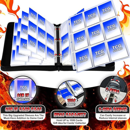 1008 Card Binder 9 Pocket, 3-Ring Trading Card Binder with 56 Page Removable Sleeves, High Storage Waterproof Trading Card Holder Collection Card Album Carrying Organizer Case for MTG TCG Cards -Fire