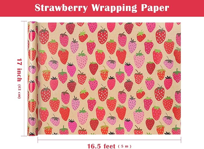 WRAPAHOLIC Kraft Strawberry Wrapping Paper Roll - Mini Roll - 17 Inch x 16.5 Feet - Sweet Strawberry Fruits Wrapping Paper for Summer, Birthday, Wedding, Bridal Shower