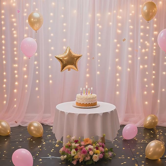 10×8ft Tulle Backdrop Curtains with Lights String - 300LED Fairy Lights Sheer Curtain Backdrop for Weddings Baby Shower and Birthday Party Decorations(2 Panels 5×8ft)