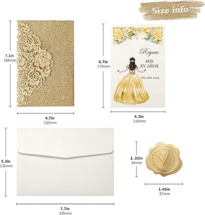 DORIS HOME 50pcs Laser Cut Quinceanera Invitations Gold Glitter, 4.7x7.1 Personalized Quince Invitations for 15th Birthday, Invitation cards for Sweet 16 with Envelopes