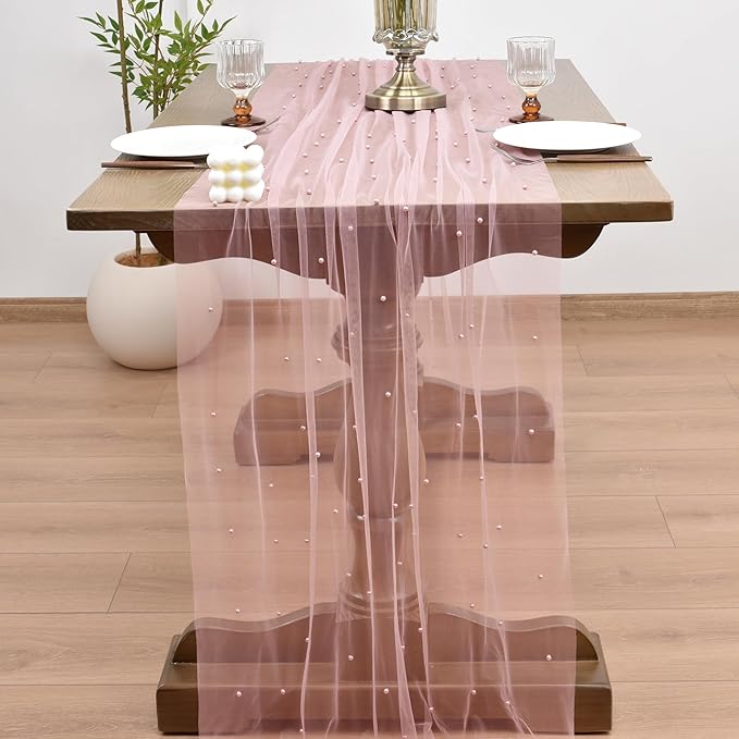 Joanlody Fall Pearl Table Runner 10ft Rustic Boho Tulle Table Runner with Pearls for Baby Shower Wedding Party Veil Dessert Thanksgiving Table Decor Dusty Rose