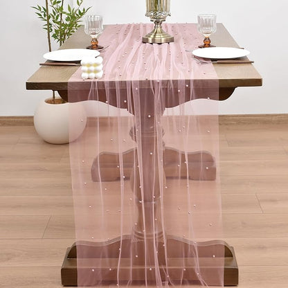 Joanlody Fall Pearl Table Runner 10ft Rustic Boho Tulle Table Runner with Pearls for Baby Shower Wedding Party Veil Dessert Thanksgiving Table Decor Dusty Rose