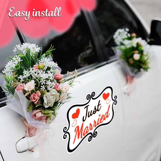 Just Married Car Decorations, 12x8 Magnet Decals for Vehicles, 2 Pack Wedding Car Decor, Removable, Reusable for Tailgate, Door Panels, Refrigerator