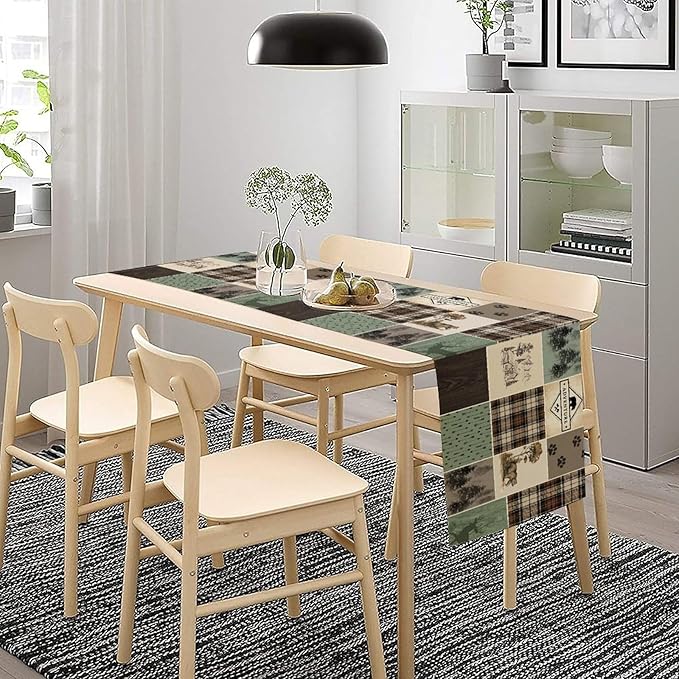 Bear Deer Table Runner,Rustic Lodge Retro Country Farmhouse Buffalo Plaid Print Tablecloth Burlap for Hotel Indoors Outdoor Dining Room Kitchen Home Decor,W13X L36 in