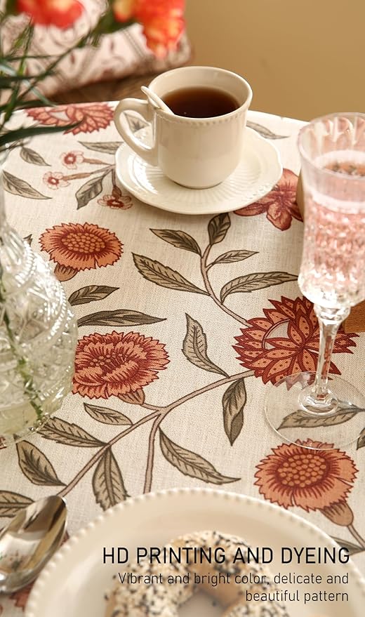 ISAENNE Designer French Small Round Tablecloth,Linen Orange Floral Pattern Indoor Table Cloth,Wrinkle Resistant Decor Table Cloth for Dining Thanksgiving Kitchen Party,Diameter 55"-Alvarado D