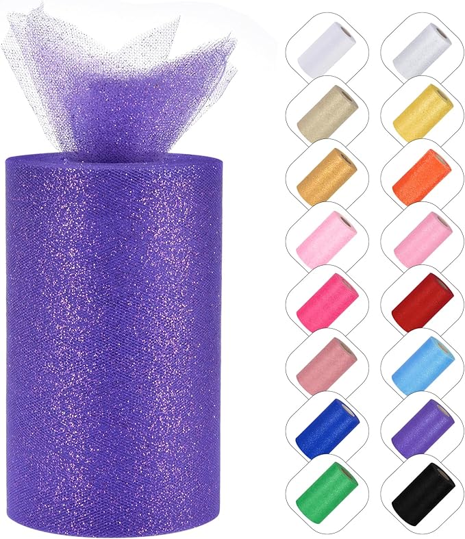 Glitter Tulle Rolls 6” by 50 Yards Sparkle Tulle Fabric Ribbon Sequin Tulle Netting Rolls for DIY Tutu Skirt Wedding Birthday Party Decoration (Purple)