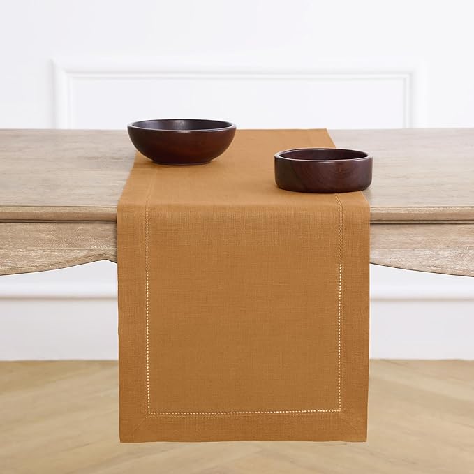 Solino Home Linen Brown Sugar Table Runner 144 Inches Long - 100% Pure Linen Extra Long Table Runner 14 x 144 Inch for Fall, Autumn, Thanksgiving - Classic Hemstitch