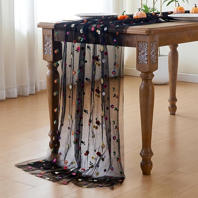 JIALE 3 Pack Black Floral Table Runner, Embroidery Daisy Seasonal Table Decorations, 120Inch 10FT Tulle Fabric for Home Decor, Bridal Shower Wedding, Baby Shower Parties, DIY Craft